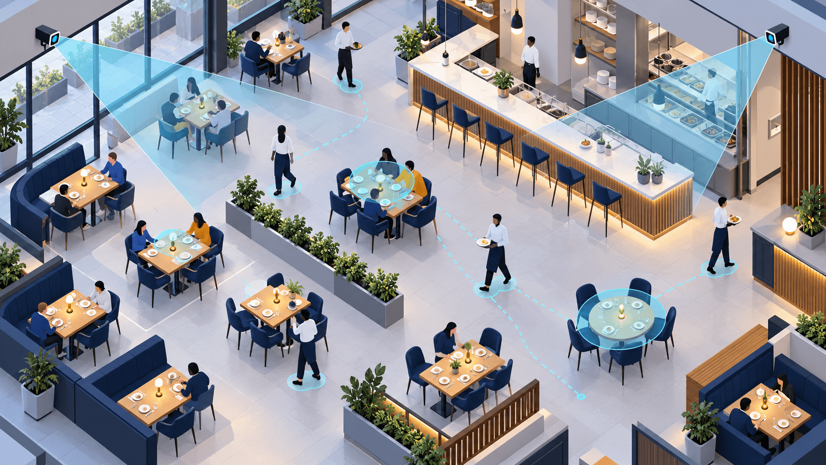Illustrated restaurant floor with simplified people, CCTV camera views, and activity markers.